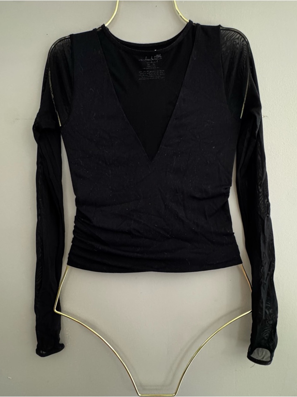 Free People Sheer Sleeve V Neck Top Size XS/S Black Grunge Inspired Rock